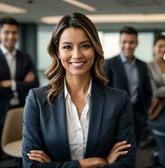 ai-generated-smiling-confident-business-leader-looking-at-camera-and-standing-in-an-office-at-team-meeting-free-photo